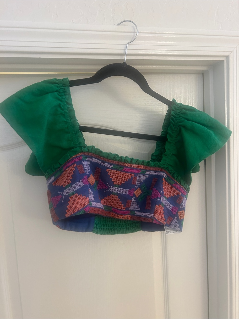 FARM Rio Emerald Puff Sleeve Crop Top with Multicolor Embroidered Bodice